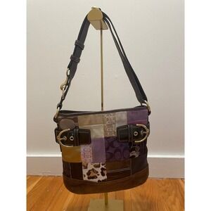 Coach Patchwork Hobo Bag Vintage Y2K Brown Suede Leather Signature Print Accent
